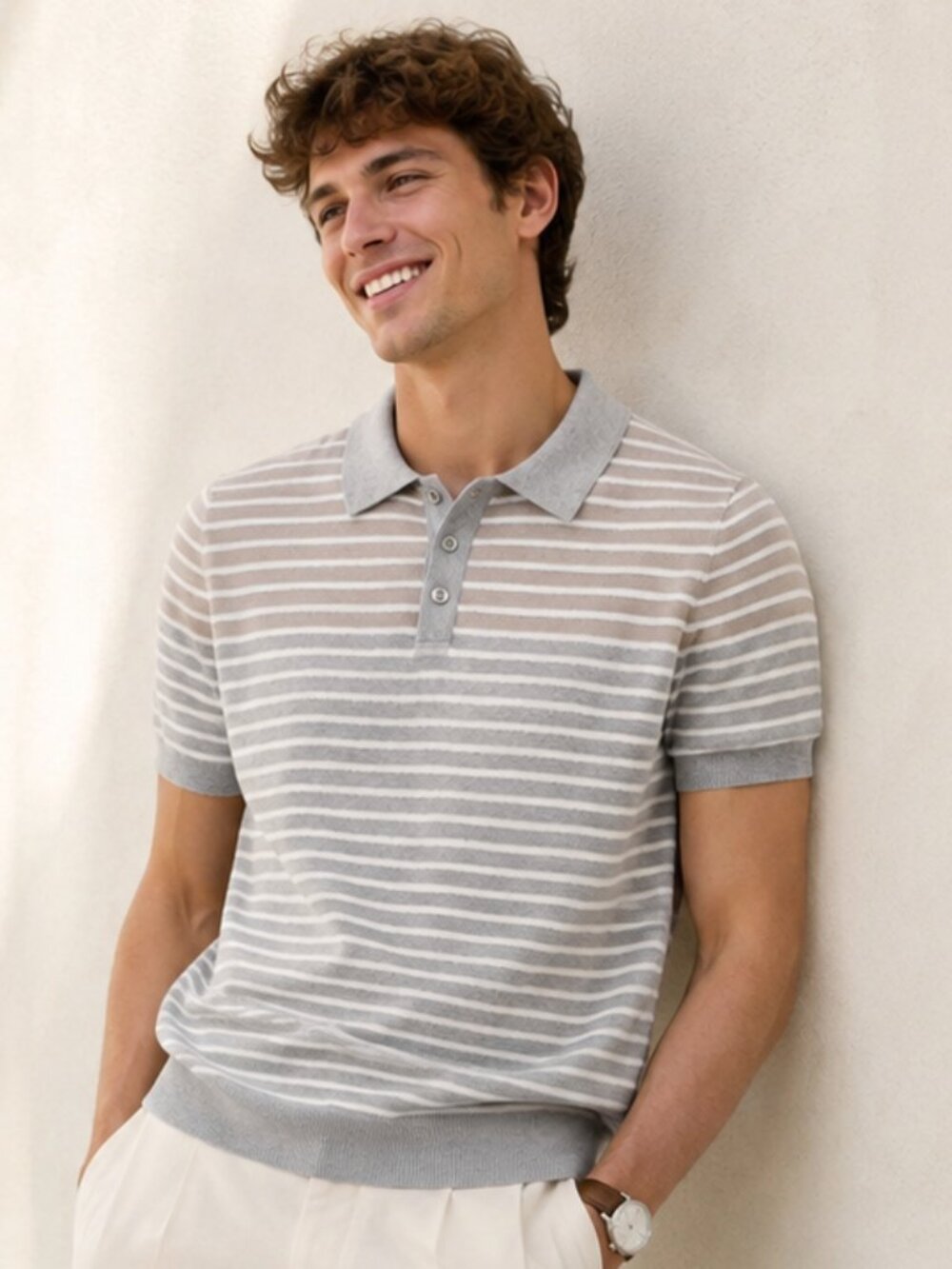 Antony Morato Men’s Striped Knit Polo Shirt Size S Gray White